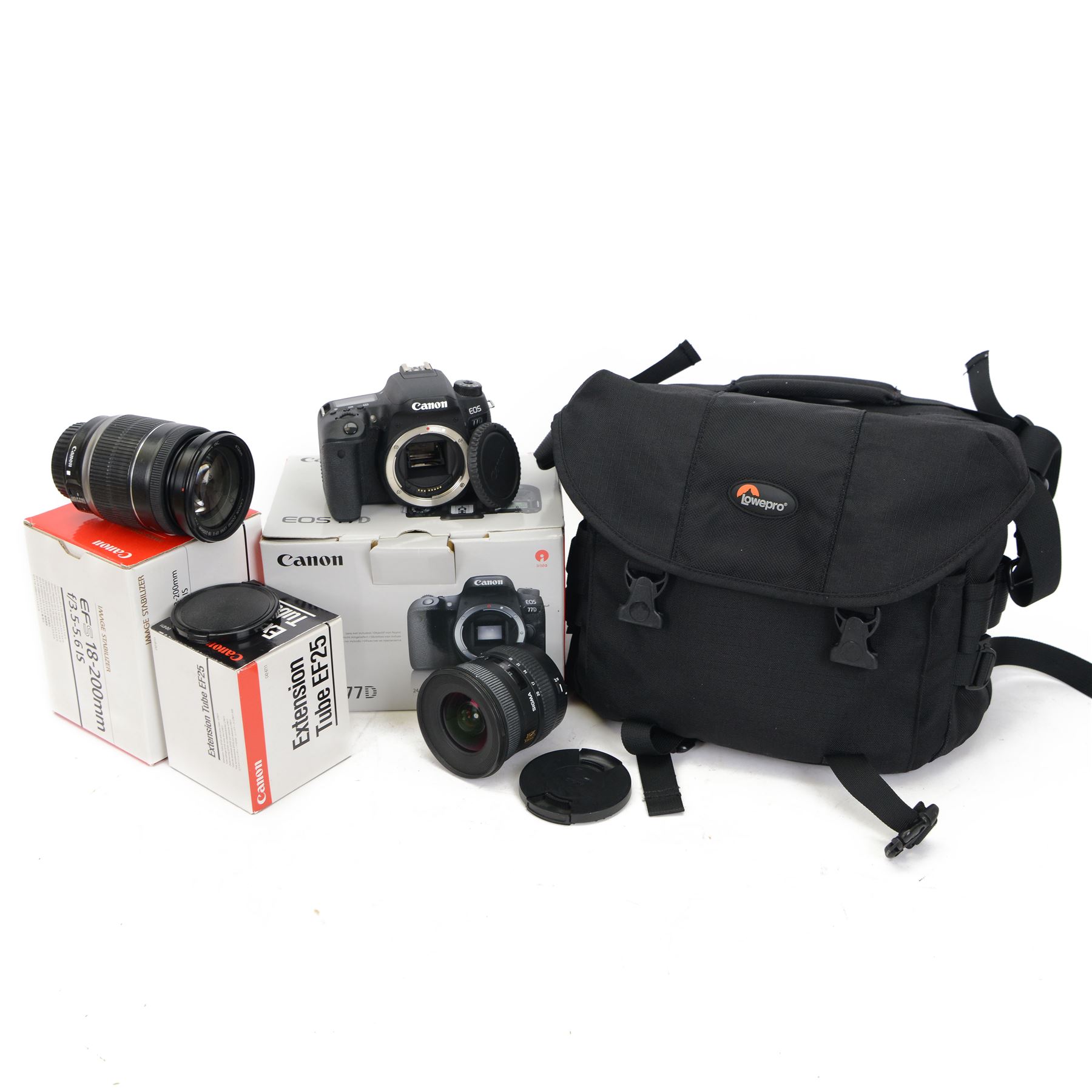 Canon EOS 77D camera body serial no. 193071005589, with a Canon EFS 18-200mm f/3 5-5.6 IS lens and a Sigma 10-20mm F4-5.6 EX DC lens, Canon extension tube, three Canon lens hoods, all boxed, with a Lowepro camera bag