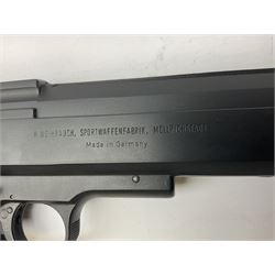 H. Weihrauch HW45 air pistol, .177 calibre, over-lever mechanism, chequered grip No.372679 L31cm; and quantity of pellets