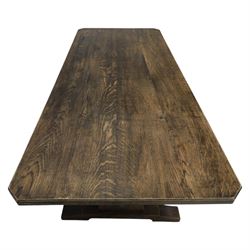 Acorn Industries - country oak kitchen or dining table, rectangular top with canted corners, shaped pedestals with joining pegged stretcher, Acornman signature