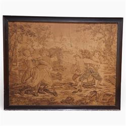 Decorative tapestry panel, the woven composition showing figures in 17th century style cos...
