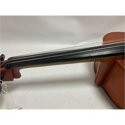 3/4 size cello with soft case, 69cm back length, 114cm full length, with bridge, ebonised tail piece and fingerboard.