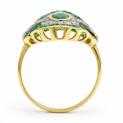 18ct gold emerald and diamond dress ring, single oval cut emerald, with single cut diamond and calibre cut emerald surround, total diamond weight approx 0.35 carat, total emerald weight approx 0.65 carat