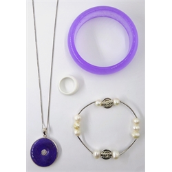  Lavender jade bangle, lavender jade silver pendant necklace stamped 925, white ring and a pearl bracelet  