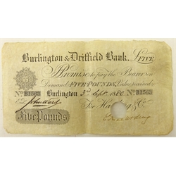  Burling and Driffield five pound banknote, issued for Harding & Co, 3rd September 1880, with punch hole cancel      