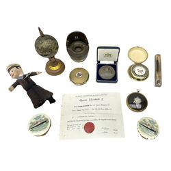 Silver 1969 Cunard RMS Queen Elizabeth maiden voyage commemorative medallion, in original Slade, Hampton & Son case with certificate, two Stratton R.M.S Queen Elizabeth mirror compacts, Stratton R.M.S Queen Mary compact, mid 20th century P&O Canberra Round World Voyage miniature globe, S.S Oriana ash tray modelled as a barrel, Norah Wellings sailor doll, and other maritime and shipping memorabilia 
