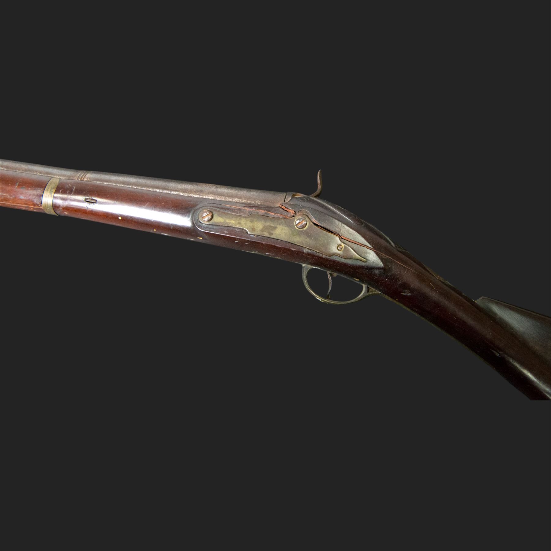 19th century Indian Brown Bess style flintlock musket, the 138cm round steel barrel ram rod beneath, overall L174cm