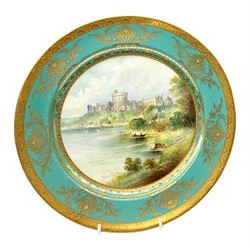 Large Minton cabinet plate, with central hand painted panel of Windsor Castle, signed A Holland, within a tooled gilt turquoise border, with impressed and printed marks and inscribed Windsor Castle beneath, D32cm