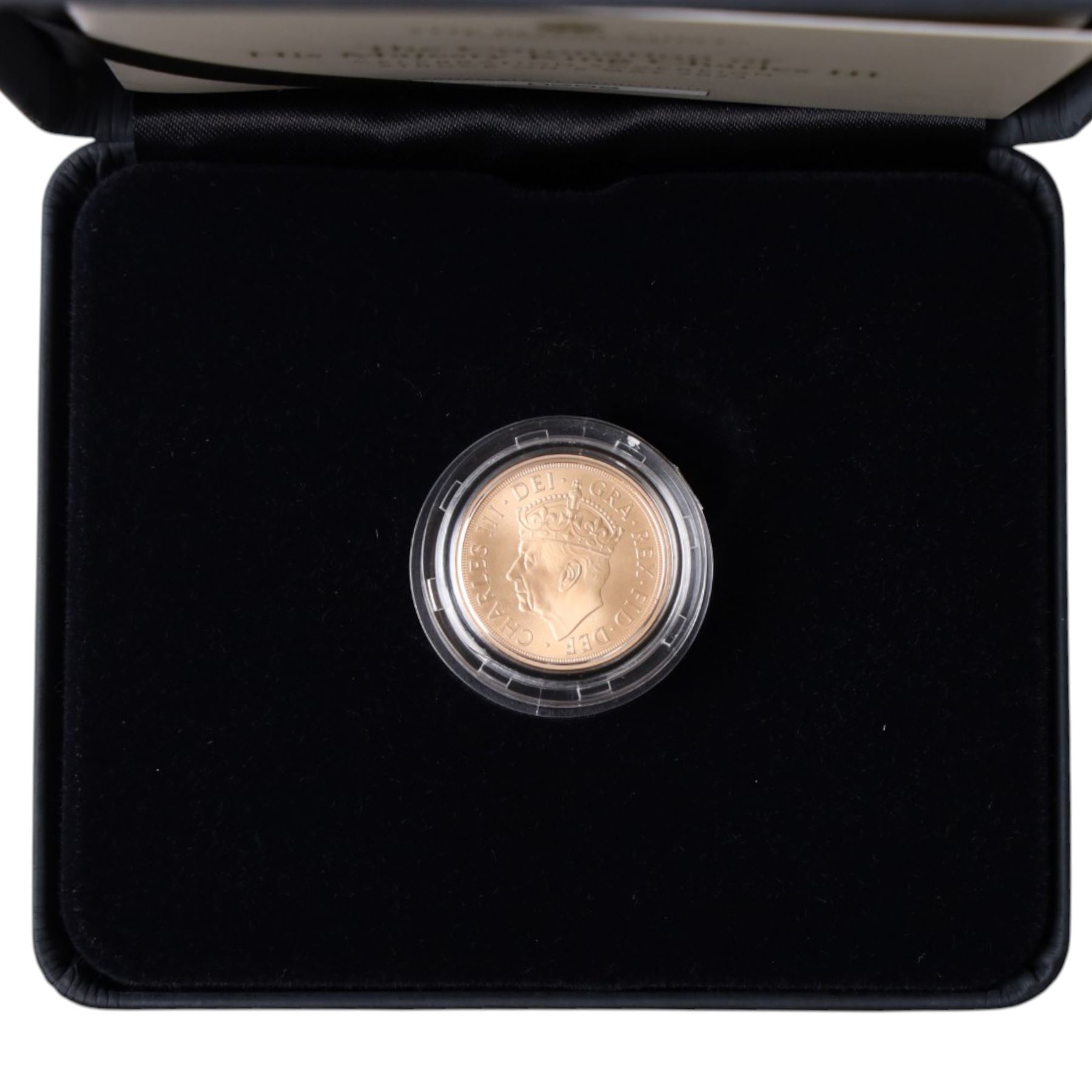 The Royal Mint United Kingdom 2023 'The Coronation of His Majesty King Charles III Celebration' gold brilliant uncirculated full sovereign coin, struck on the day, from an edition of 1250, cased and boxed with certificate