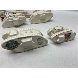 Twelve crested china models of WW1 tanks by Grafton, Arcadian and Carlton china etc with crests from Caistor Lincs, Saffron Walden, Paignton, Evesham etc  , together with a crested china model of the R.M.S Lusitania with New Brighton crest and a two-handled vase for 'The Forts Boxhill' (14)
