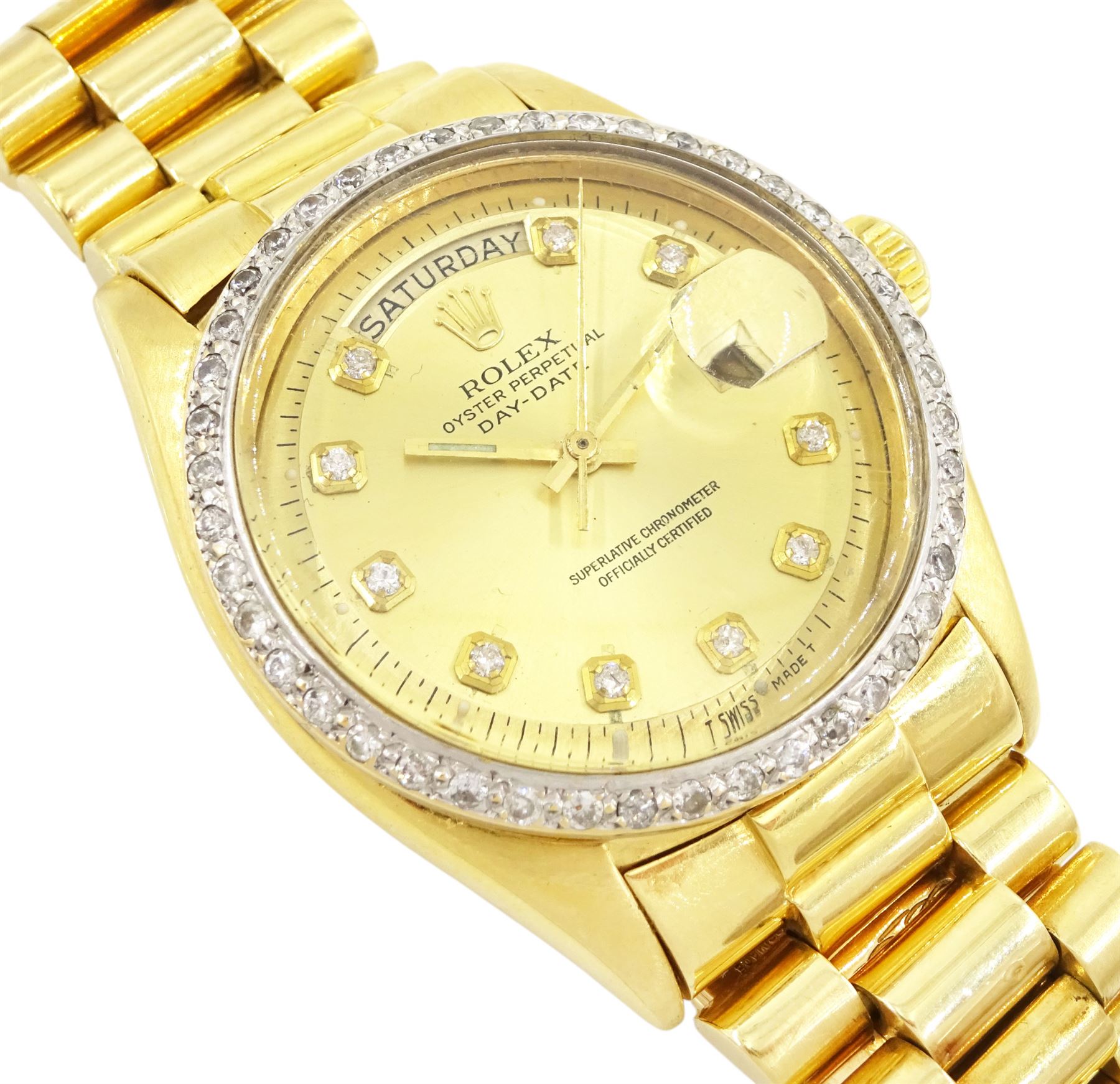 Rolex Oyster Perpetual Day-Date gentleman's 18ct gold automatic wristwatch, circa 1970, Ref. 1803, serial No. 2492514, champagne dial with after market diamond dot hour markers and diamond set bezel, on 18ct gold President bracelet, with fold-over clasp, boxed