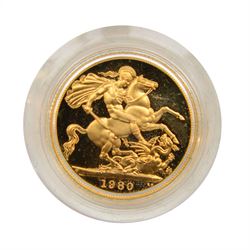 Queen Elizabeth II 1980 gold proof full sovereign coin, cased with certificate