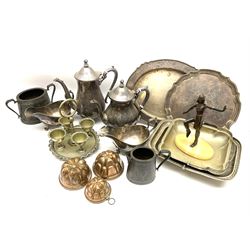 Various metalware to include silver plated coffee pot, teapot, plates and sauce boats, three copper food moulds, figure on plinth etc