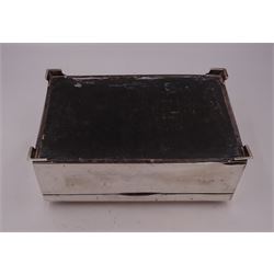 1920s silver mounted presentation cigarette box, of rectangular form, with engraved initials J.W.J and dated 1902-1927 to slightly domed hinged cover, opening to reveal compartmentalised softwood interior, upon four bracket feet, hallmarked Birmingham 1920, maker's mark worn and indistinct, H9cm, W23cm, reputedly given to John William Johnson, father of Amy Johnson,  famous for being the first long distance (to Australia) solo female pilot, and first female British grounds engineer, for his silver wedding anniversary