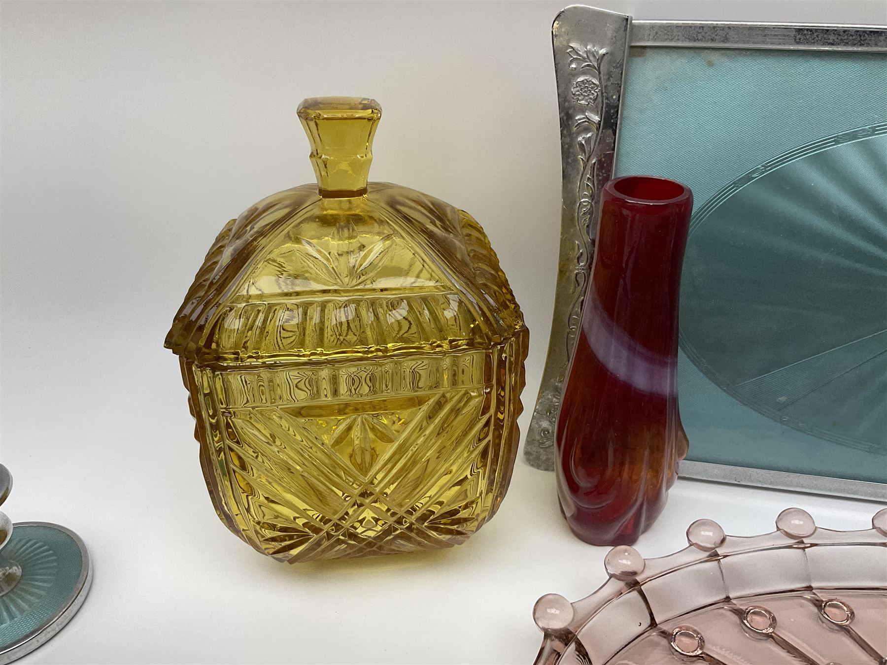 Swedish Svenskt Glass limited edition blue glass salmon, modelled by Paul Hoff, together with two vintage moulded coloured glass dressing table sets with jars and trays, spinning shot glass holder with abstract design glasses and an Art Deco vase, etc 
