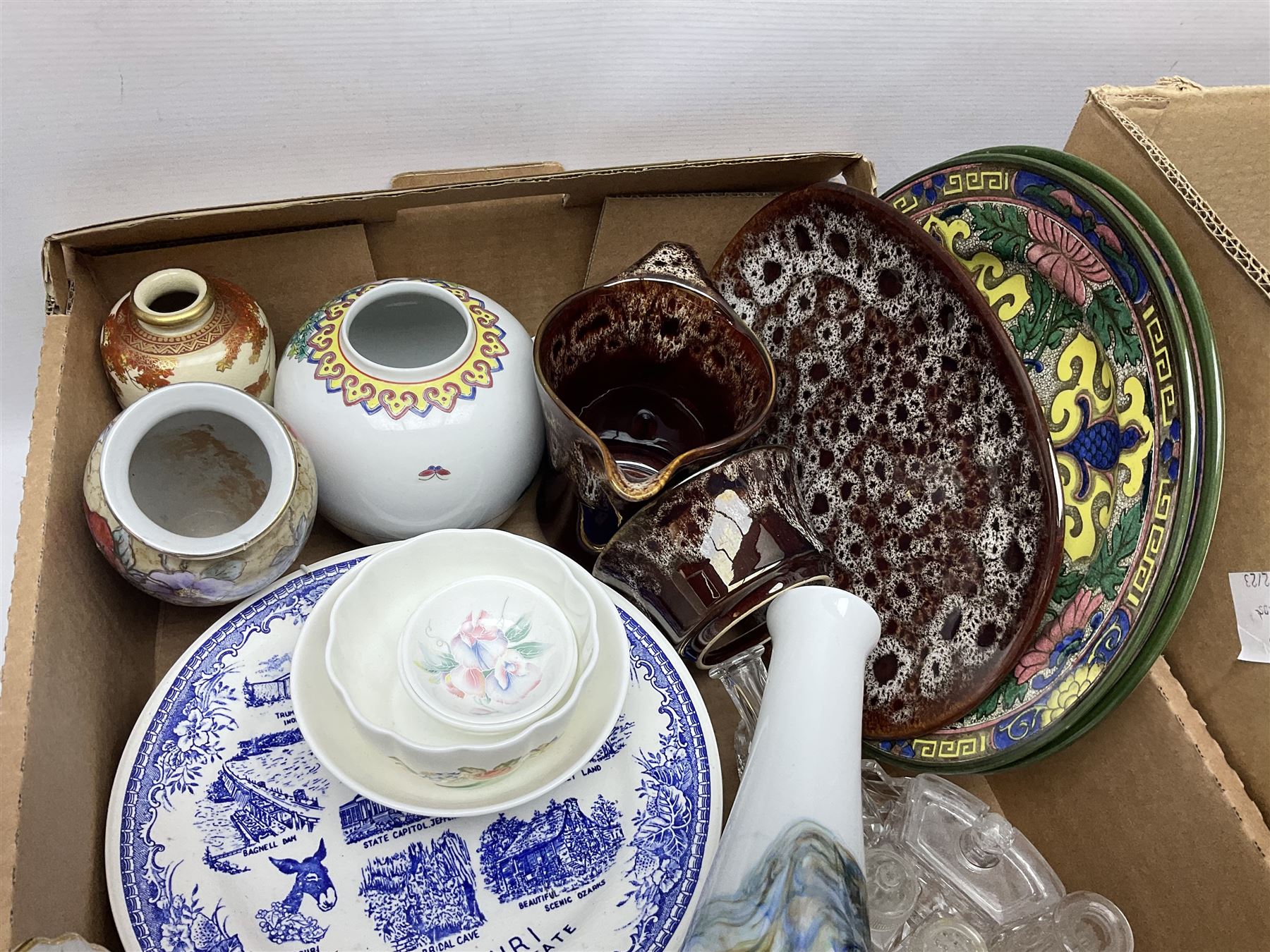 Quantity of ceramics to include Kernewek Cornwall tea wares, pair of Royal Doulton Islamic series plates, sage green Wedgwood Jasperware, Coclough tea wares, glassware etc in two boxes