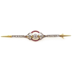  Art Deco diamond and ruby 15ct gold (tested) bar brooch  