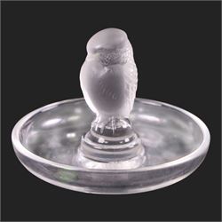 Lalique glass pin dish, with a frosted bird to the center, together with two Lalique scent bottles, pin dish H8cm