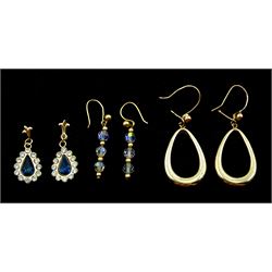 Pair of gold pear shaped hoop pendant earrings, pair of gold stone set pendant stud earrings and a pair of gold beaded pendant earrings, all 9ct 