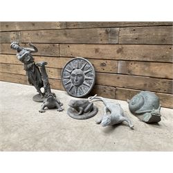 Lead garden ornaments to include two frogs, lizard, sun mask,  figure and a composite snail (6)