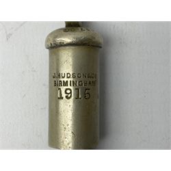 Three J Hudson & Co Birmingham military whistles, dated 1915, 1916, 1923