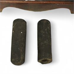 Late 18th century-8-day mahogany longcase clock c 1780, with a break arch pediment and conforming hood door beneath, door flanked by reeded capitals with brass capitals, plain mahogany trunk with a figured veneer door and break ach top, plinth with inlayed border raised on a shaped base, early painted dial with matching blue painted scroll spandrels and a depiction of a classical urn to the arch, with a subsidiary seconds dial, original steel hands, Roman numerals, five-minute Arabic's and minute markers, dial pinned via an early 