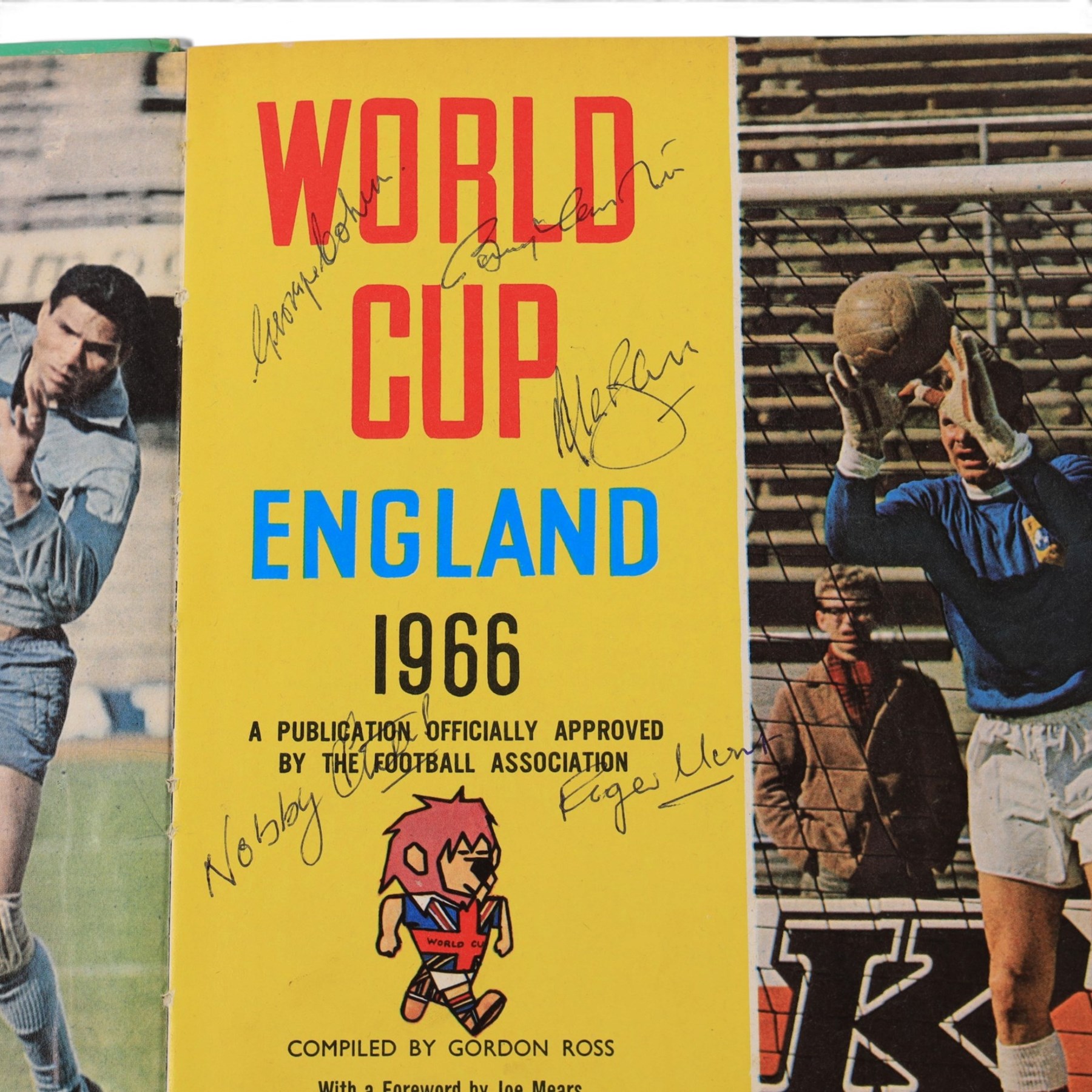 'World Cup 1966 England' hardback book, signed to inner front page by thirteen legendary footballers, to include Bobby Moore, Pele, George Cohen, Bobby Charlton, Alan Ball, Nobby Stiles, Roger Hunt, Peter Thompson, Kenneth Wolstenholme, Jairzinho, Garrincha, Martin Peters and Geoff Hurst, with certificate of authenticity from Chaucer Auctions