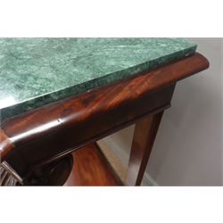  19th century Irish mahogany console table, with green canted marble top and figured frieze with carved scrolled foliage mount, acanthus carved cabriole supports with claw feet and shaped moulded plinth, W121cm, H98cm, D48cm  