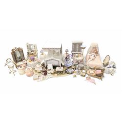 Dolls house bedroom and dressing room furniture, including beds, wardrobe, dressing table, lamps, tables, two figures and a collection of accessories