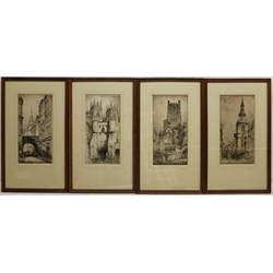  Featherstone Robson (British 1880-1936): 'York Minster + Bootham Bar', 'St. Bride's Church London', 'Bow Church London', and 'Ely Cathedral', set four collotypes signed and titled in pencil on the mounts 26cm x 13cm (4)  