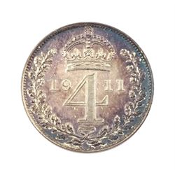 King George V 1911 proof long coin set, comprising gold half sovereign, sovereign, two pounds and five pounds, silver maundy money set, sixpence, shilling, florin and halfcrown, housed in dated case 
