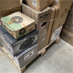 Collection of boxed items including a Flymo Micro Lite lawn mower, HP printer, Daewoo Halogen Air Fryer, an oil filled radiator etc