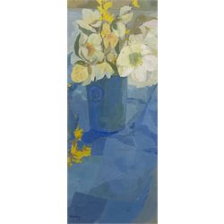 Irene Halliday (Scottish 1931-?): 'Still Life - Christmas Roses', gouache on paper laid on board signed, titled verso 43cm x 17cm