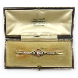  Art Deco diamond and ruby 15ct gold (tested) bar brooch  