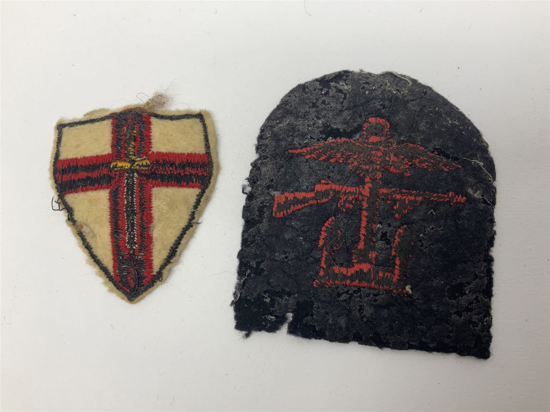 WW1 Short & Mason Ltd 'The Magnapole' black japanned brass field compass in leather carrying case; WW1 trench art paper knife inscribed Dixmude; and small quantity of cloth badges etc