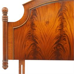 Two 20th century headboards, one with scrolled rail above a pink button backed board (H c127m, W 137cm) the second with flamed mahogany veneer (H 117cm, W 163cm)
