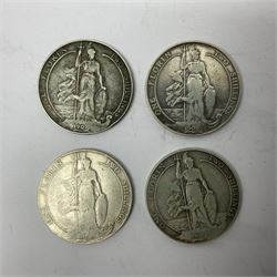 Four King Edward VII standing Britannia silver one florin coins, dated two 1902, 1907 and one with illegible date