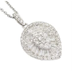 18ct white gold baguette and round brilliant cut diamond cluster pendant, hallmarked, on silver chain, total diamond weight approx 1.30 carat
