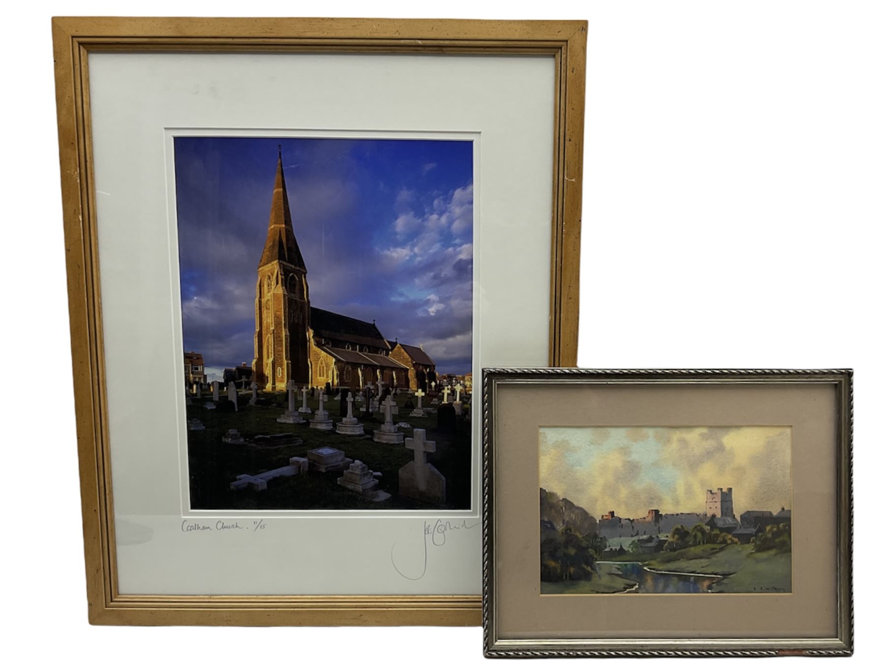Ebenezer John Woods Prior (Northern British 1914-1988): 'Richmond Castle', watercolour signed together with Joe Cornish (British 1958-): 'Coatham Church', limited edition photograph signed titled and numbered 11/15, max 40cm x 30cm (2)