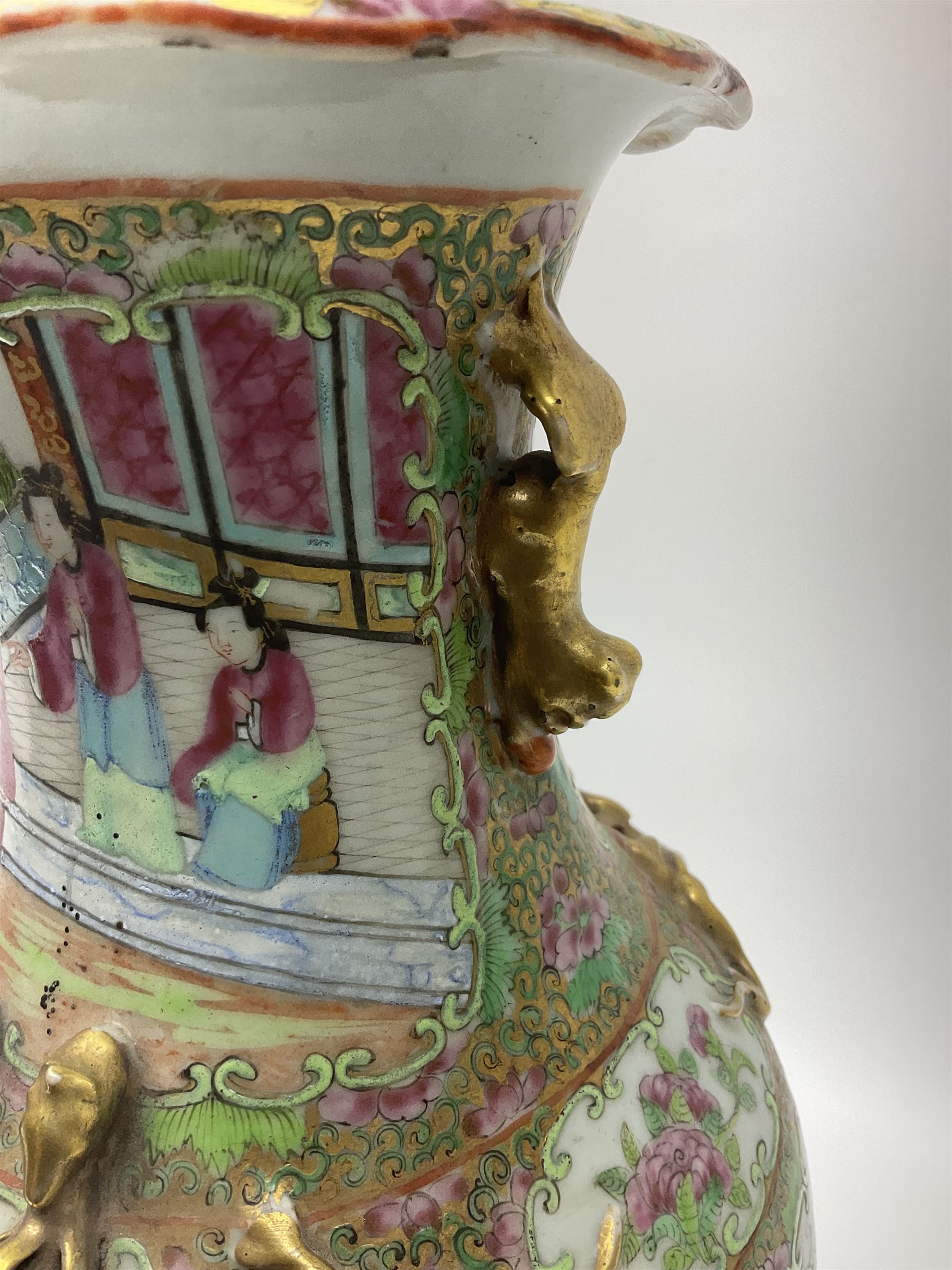 19th century Chinese Canton Famille Rose vase, decorated with figural panels against floral and foliate scroll ground, converted to a lamp, H46cm