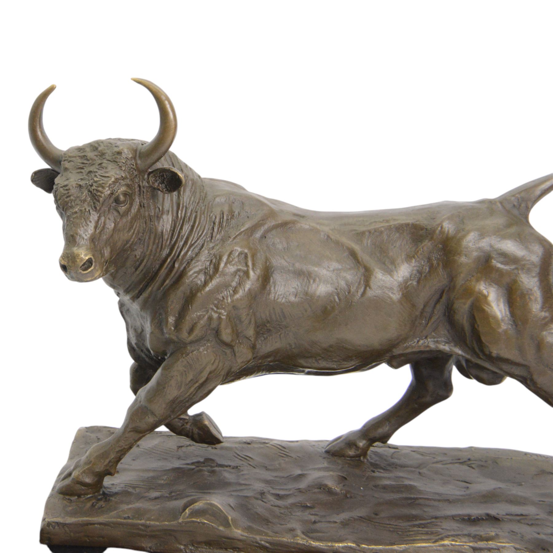 Bronze figure, modelled as a prancing bull, signed Milo, upon a marble rectangle base, base W36cm 