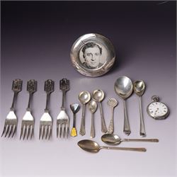 Small silver photograph frame,  four decorative silver forks, two silver and enamel spoons...