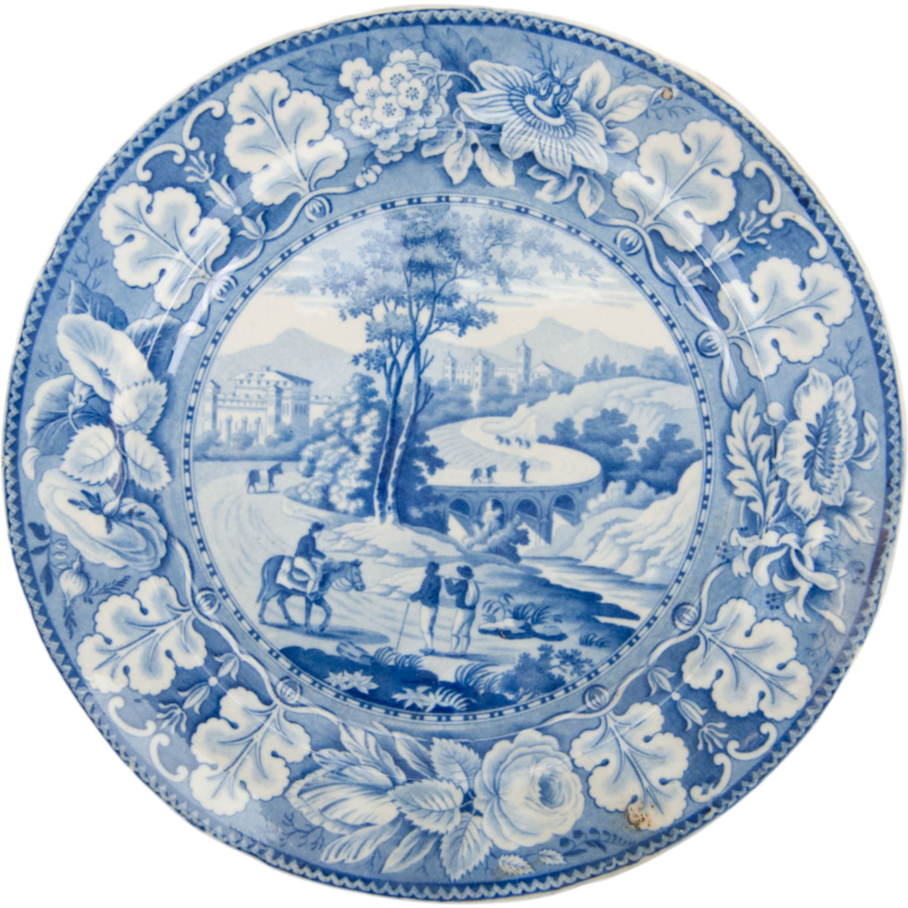 Eight 19th century transfer printed Italian Scenery pattern dinner plates, attributed to Leeds Pottery, with printed Italian Scenery mark beneath, D26cm