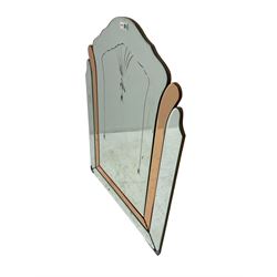 Early 20th century frameless wall mirror, bevelled plates with bellflower decoration and pink glass