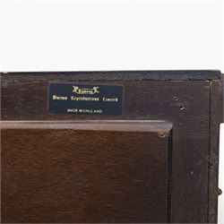 20th century Queen Anne style mahogany cocktail cabinet, moulded cornice above a pair of fielded panel doors with decorative strap hinges and central escutcheon, opening to a mirrored interior fitted with tiered shelves with brass gallery rails, pull-out glass inset mixing slide above three short drawers, shaped apron on cabriole supports with carved shell knees terminating in pad feet