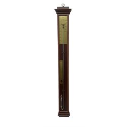 20th century - Replica mercury wall mounted stick barometer, fully glazed case with a gilt register measuring air pressure in inches, adjustable vernier and recording pointer, with a conforming thermometer  recording the temperature in degrees Fahrenheit and Celsius.  