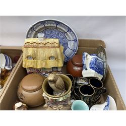 Quantity of various ceramics and glassware to include pair of Disney Mickey and Minnie Mouse cowboy Sherriff figures, stamped Japan beneath, Mason's ironstone, Wedgwood, Portmeirion, tea and dinner wares, collectors plates, glass animals etc in four boxes