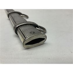 Late WW2 German Army Officers dress dagger, with unmarked 25cm double edged steel blade, orange celluloid grip, pommel and ferrule with oakleaves relief and cross guard with eagle; in original beaded scabbard with two hanging rings L39.5cm overall