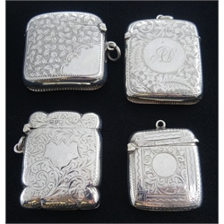 Four Edwardian silver vesta cases, engraved decoration by John Rose, Hands & Pearce, Joseph Gloster and William Aitken  