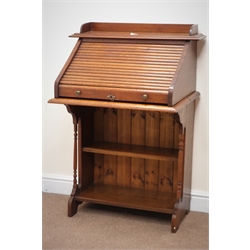  Early 20th century oak tambour desk, raised back, moulded top, fitted interior, shaped solid end supports with turned columns joined by two shelves, W74cm, H108cm, D50cm  