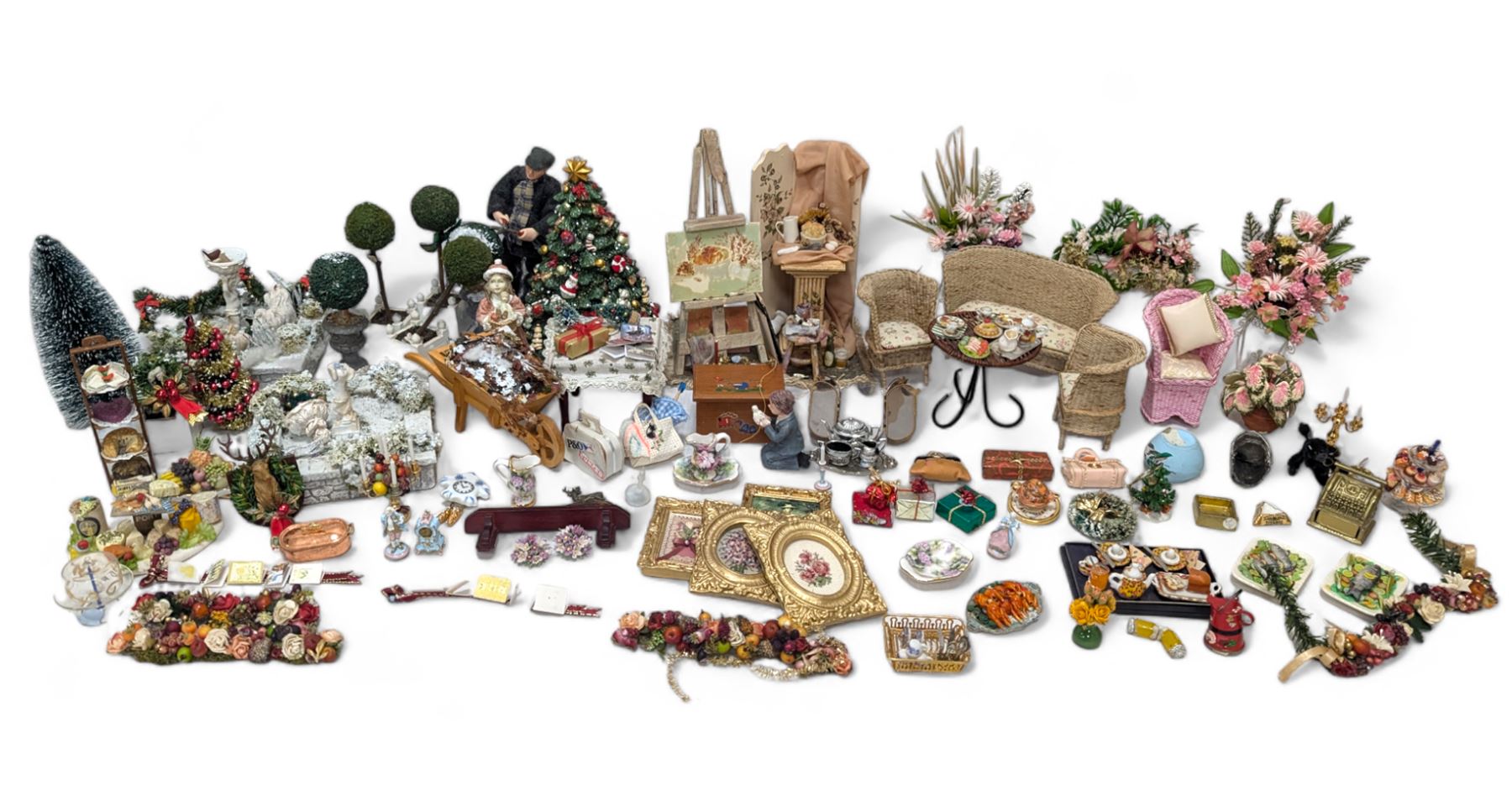 Dolls house conservatory and garden accessories, including sofa and chairs, trees, plants, paintings, Christmas decorations, etc 